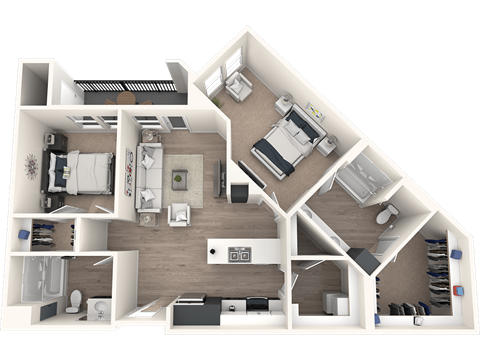 A 3D floor plan of a house showing a kitchen, living room, two bedrooms, and a bathroom.
